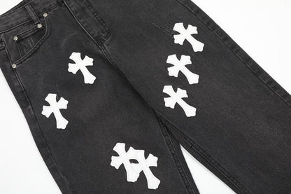 Calça Chrome Hearts Jeans Cross Patches Black White - HYPER LIST