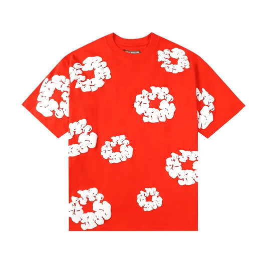 T-shirt rouge en denim déchiré 